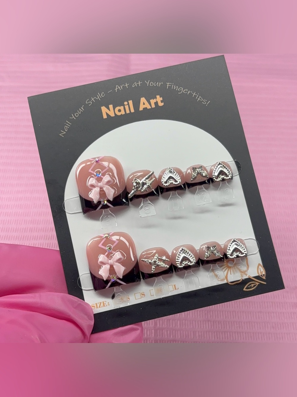 press on toenails black French tips pink bows rhinestones nude handmade custom